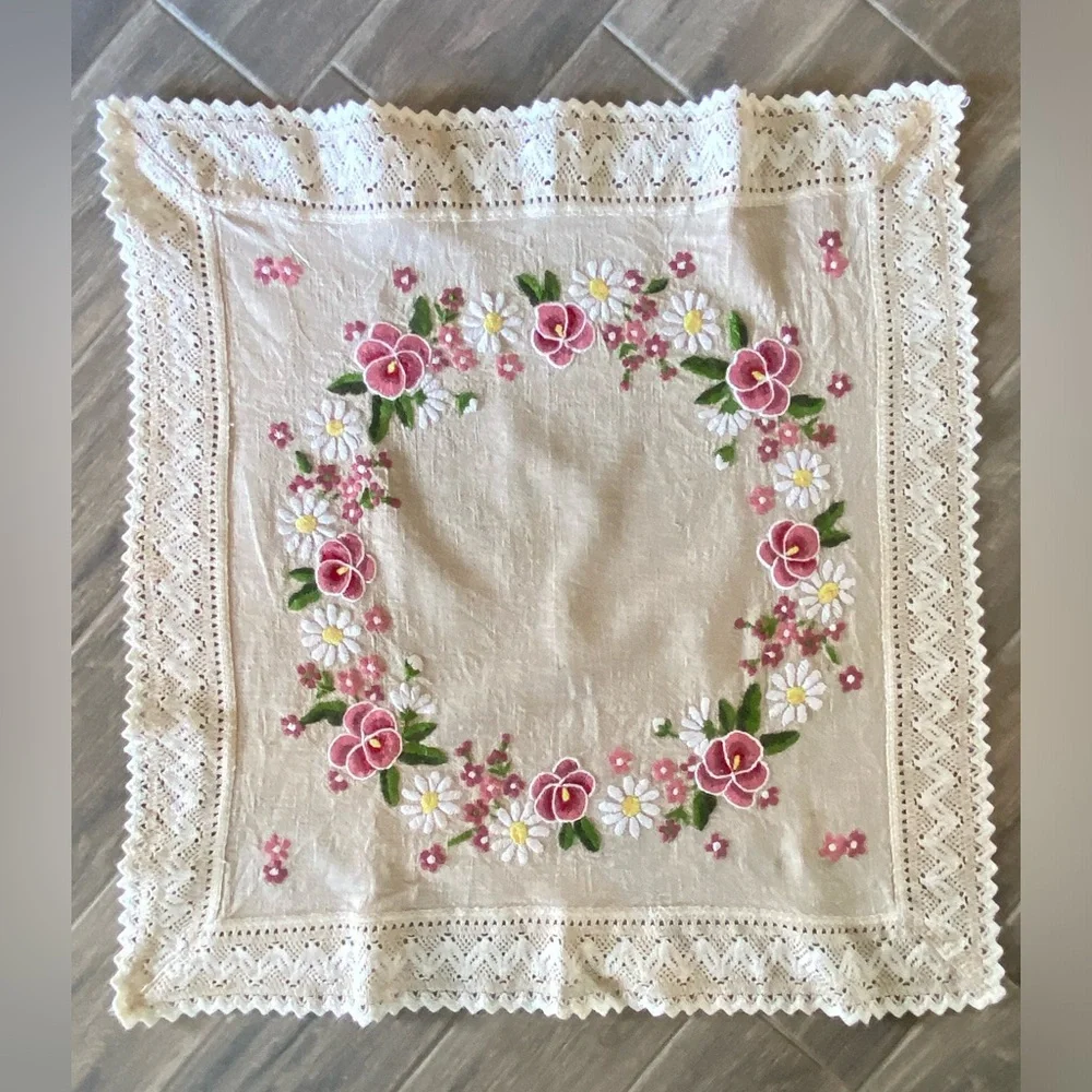 Embroidered Floral Cream Tablecloth with Lace Trim 30”/30” approx.